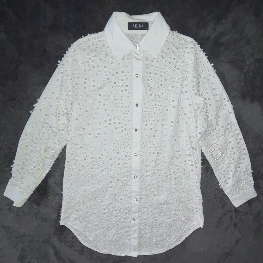 Akira White Embellished Button-Up Shirt Dress.
